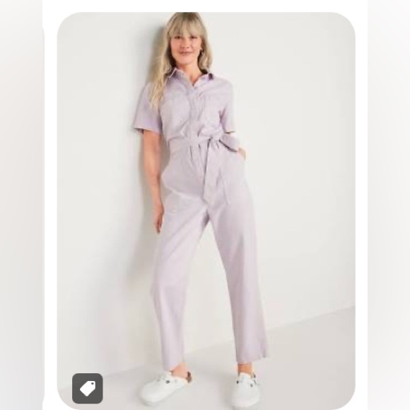 Old Navy Pants - Short-Sleeve Cropped Tie-Belt Utility Non-Stretch Jean Jumpsuit | Orchid Petal